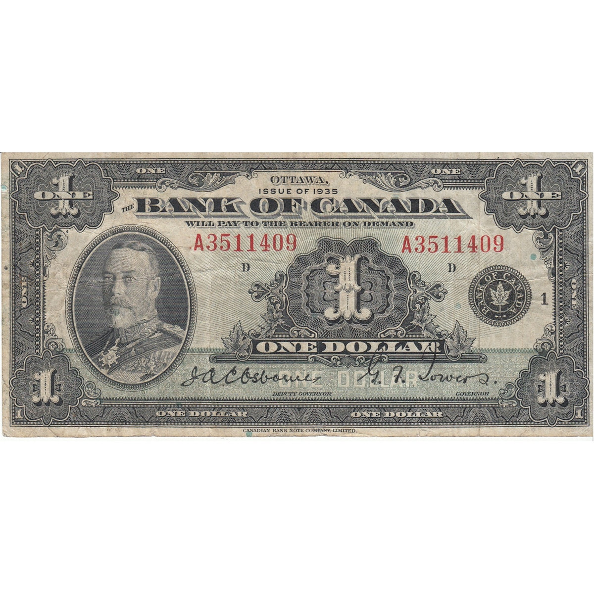 BC-1 1935 Canada $1 Osborne-Towers, English, Series A, F