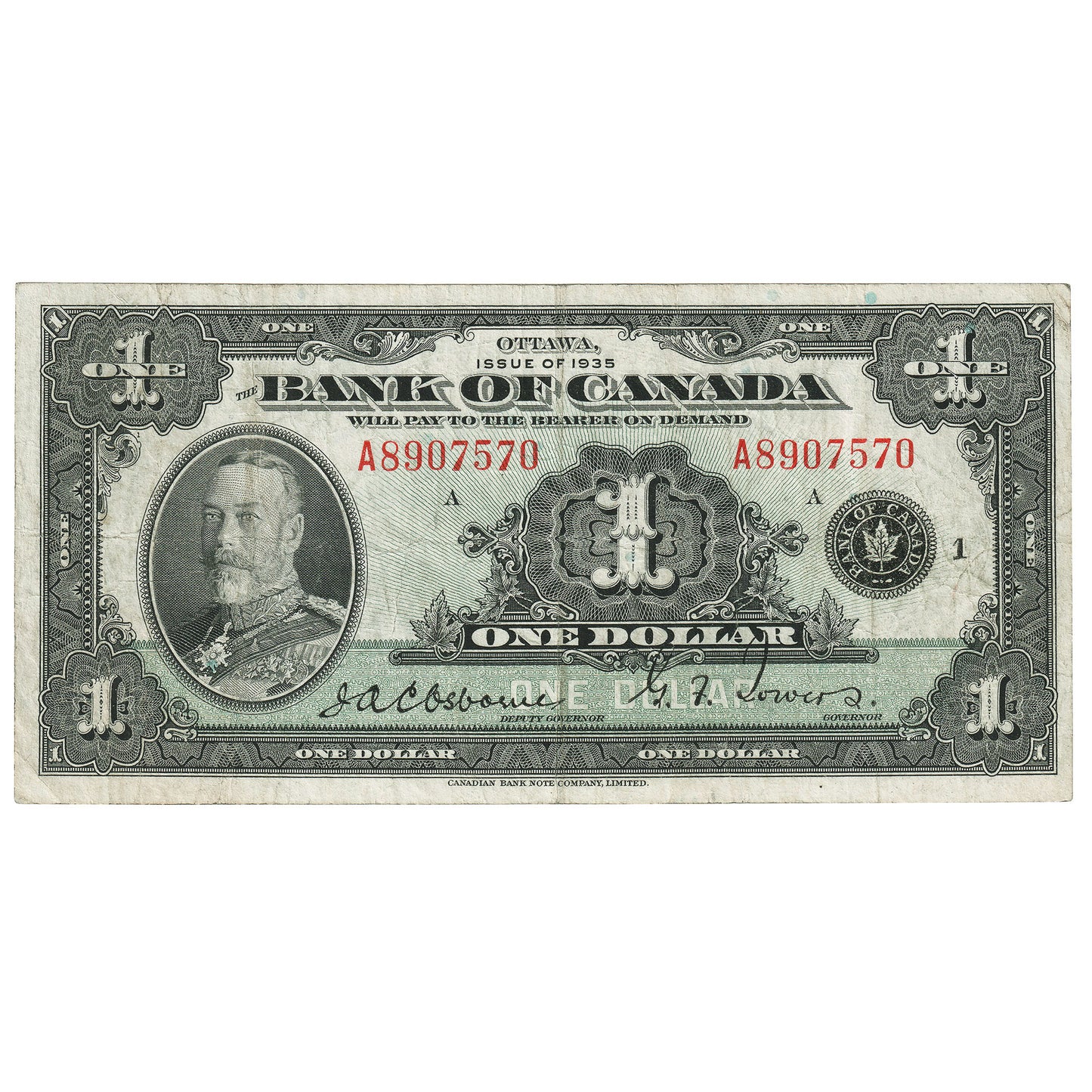 BC-1 1935 Canada $1 Osborne-Towers, English, Series A, F-VF