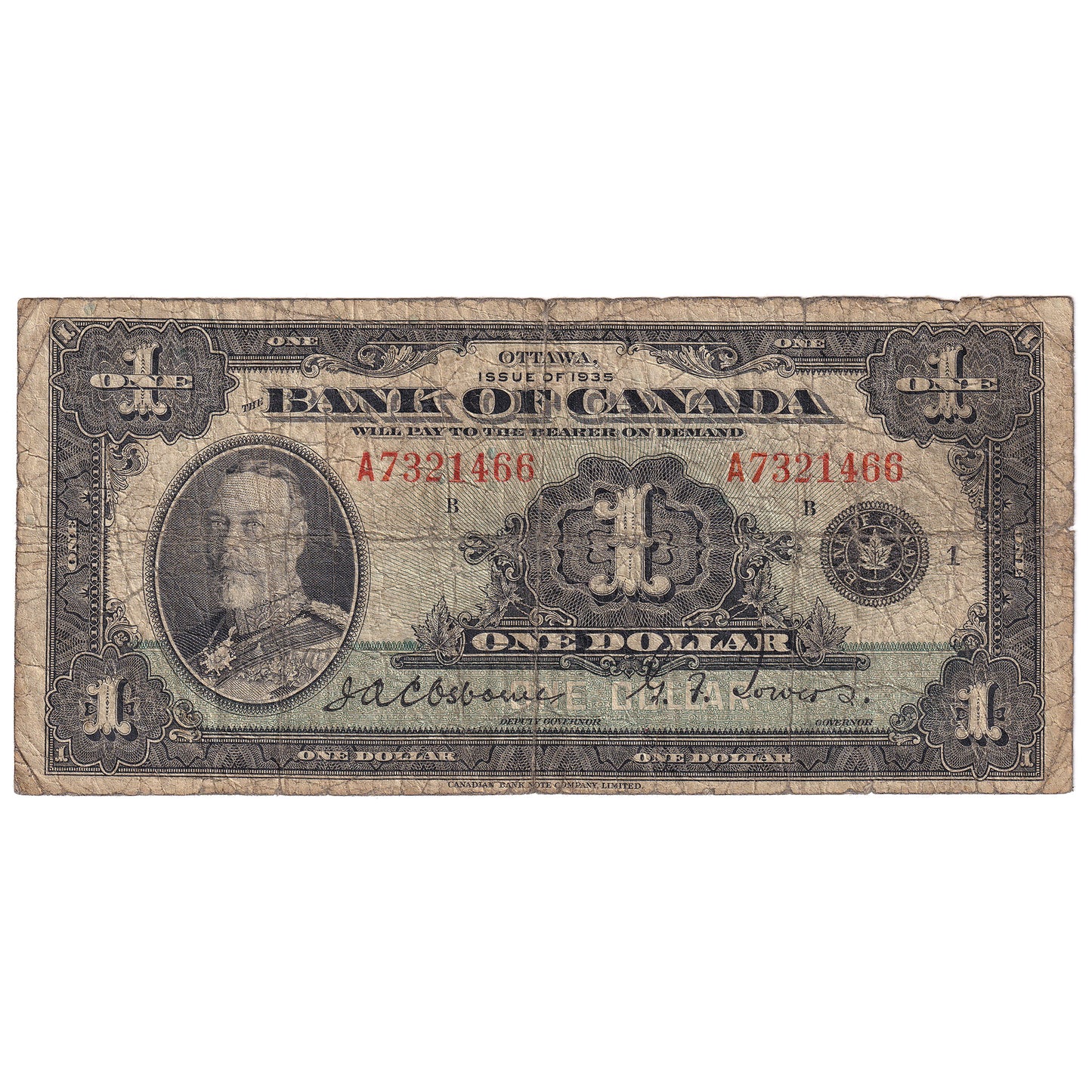 BC-1 1935 Canada $1 Osborne-Towers, English, Series A, G-VG (G6)