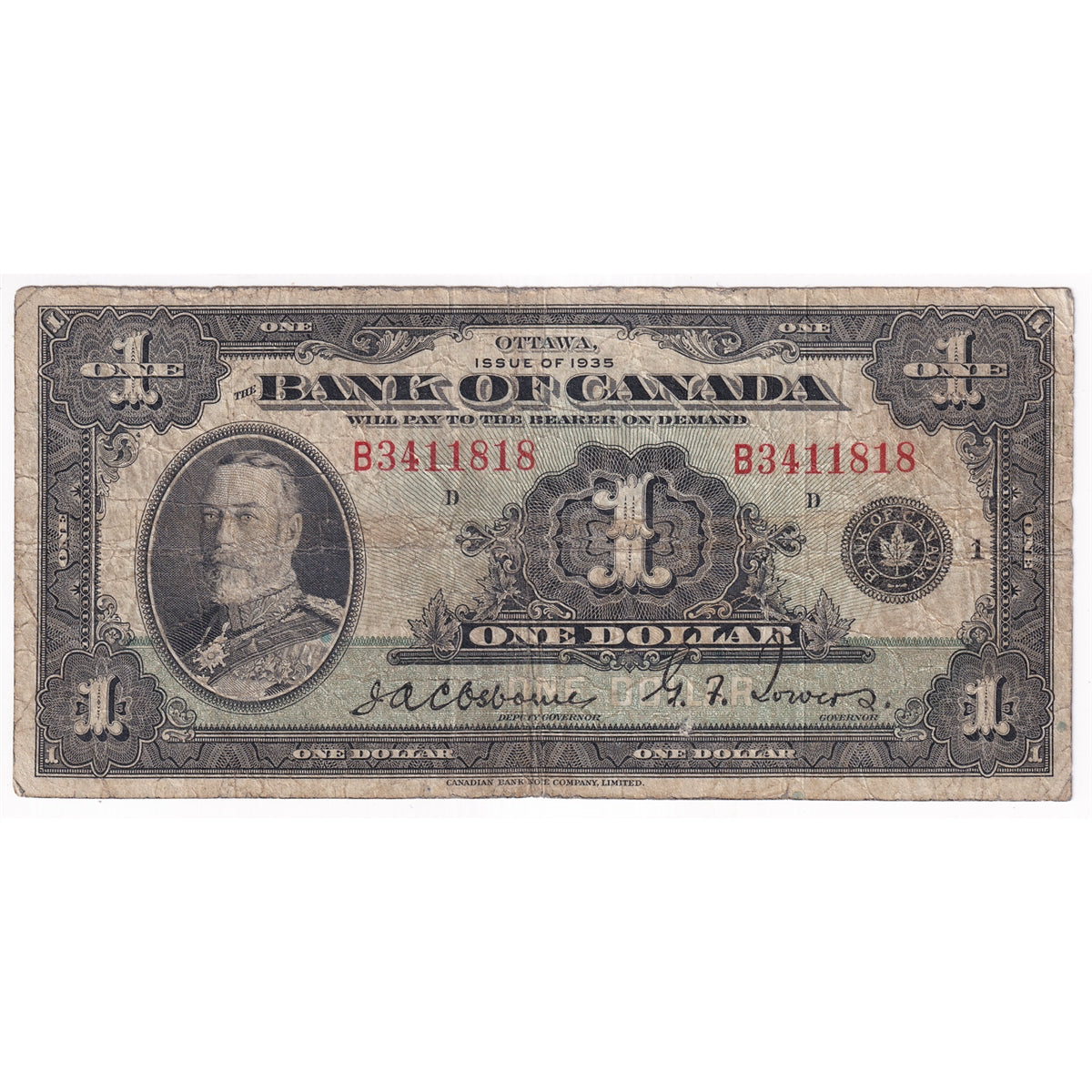 BC-1 1935 Canada $1 Osborne-Towers, English, Series B, VG