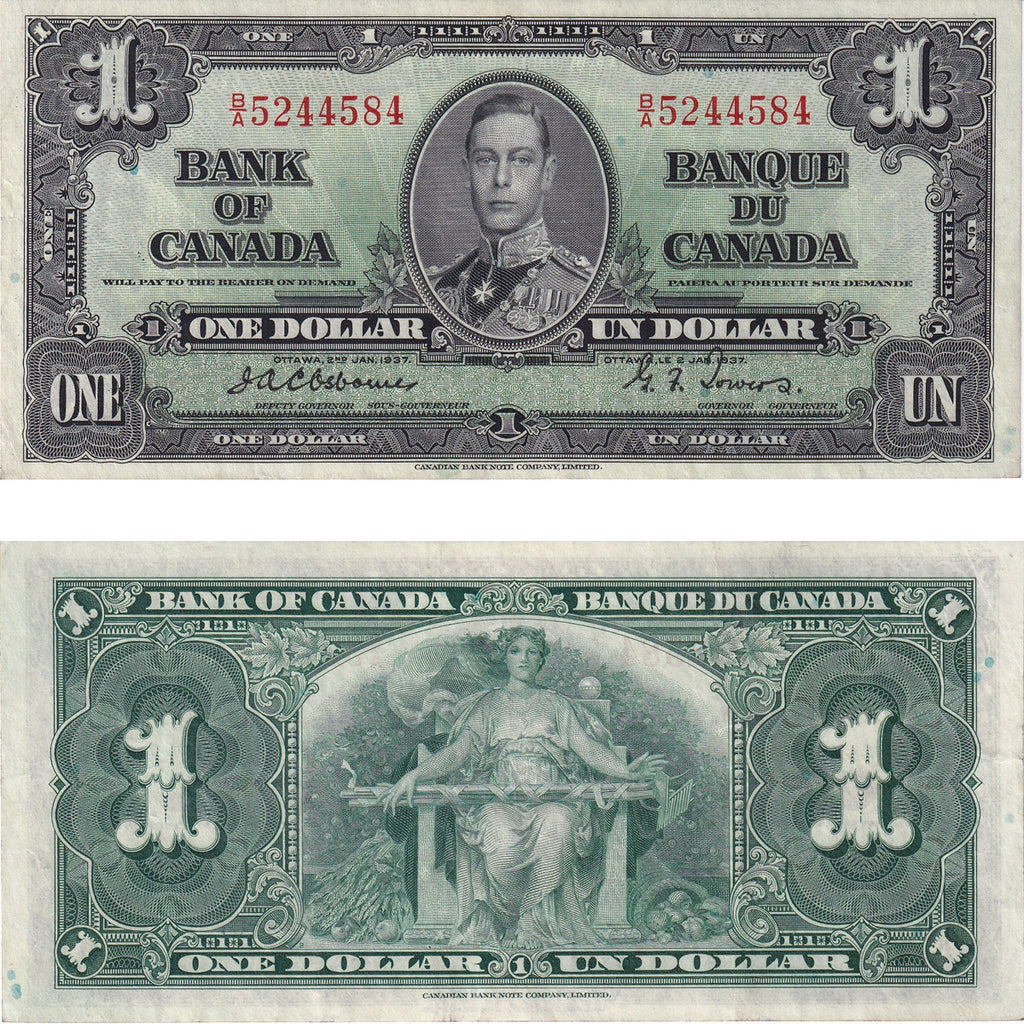 BC-21a 1937 Canada $1 Osborne-Towers, B/A, VF-EF (VF30)