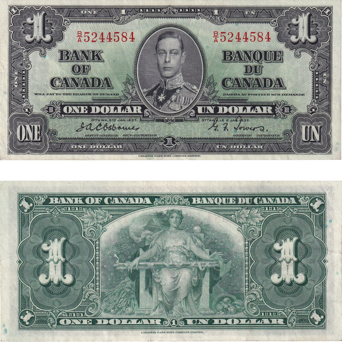 BC-21a 1937 Canada $1 Osborne-Towers, B/A, VF-EF (VF30)