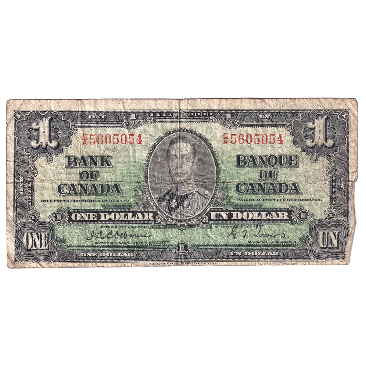 BC-21a 1937 Canada $1 Osborne-Towers, C/A, Very Good (VG8)