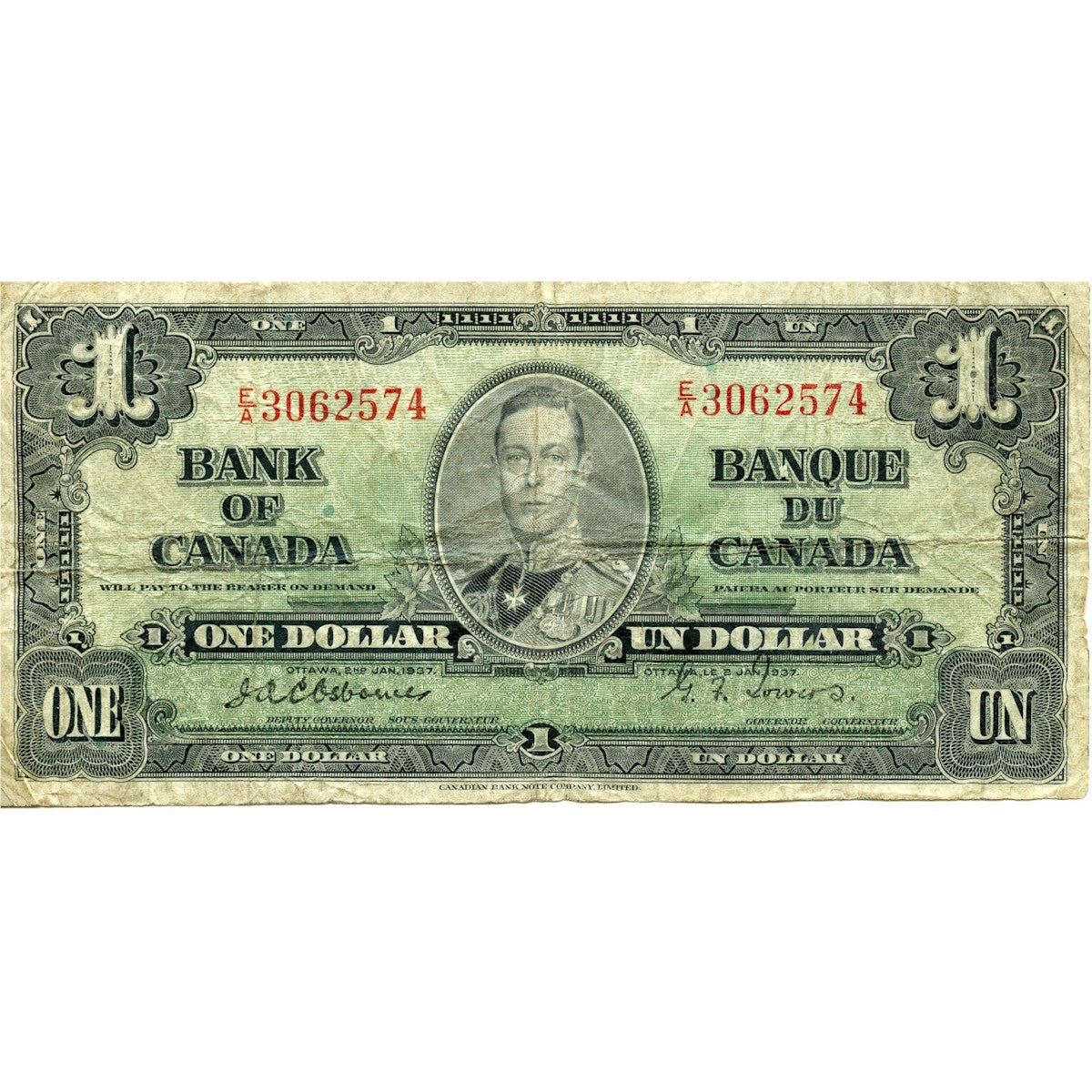 BC-21a 1937 Canada $1 Osborne-Towers, E/A, Very Good (VG8)
