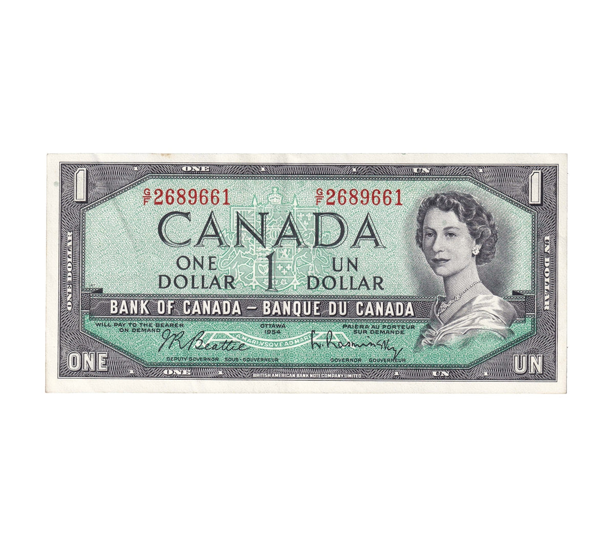 BC-37b-i 1954 Canada $1 Beattie-Rasminsky, G/F, Extra Fine (EF40)