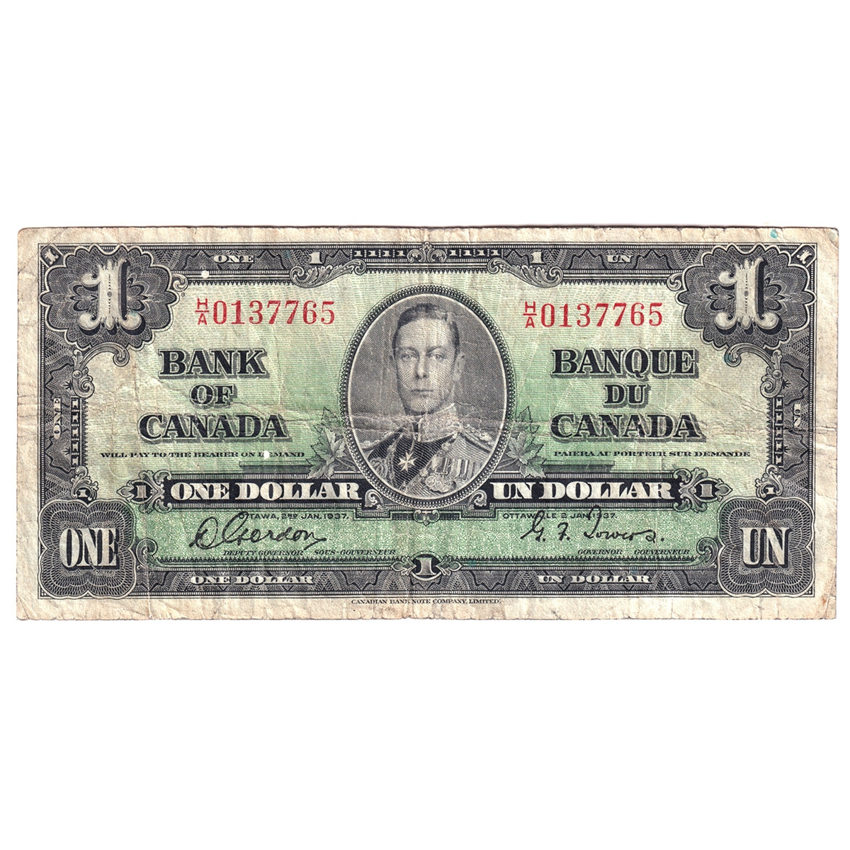 BC-21b 1937 Canada $1 Gordon-Towers, Narrow Panel, H/A, VG-F (VG10)