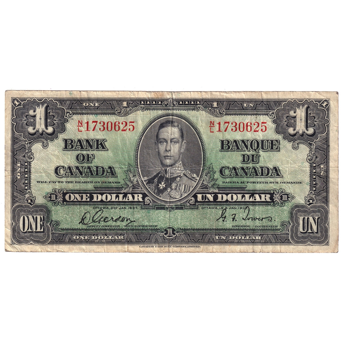 BC-21c 1937 Canada $1 Gordon-Towers, N/L, Fine (F12)