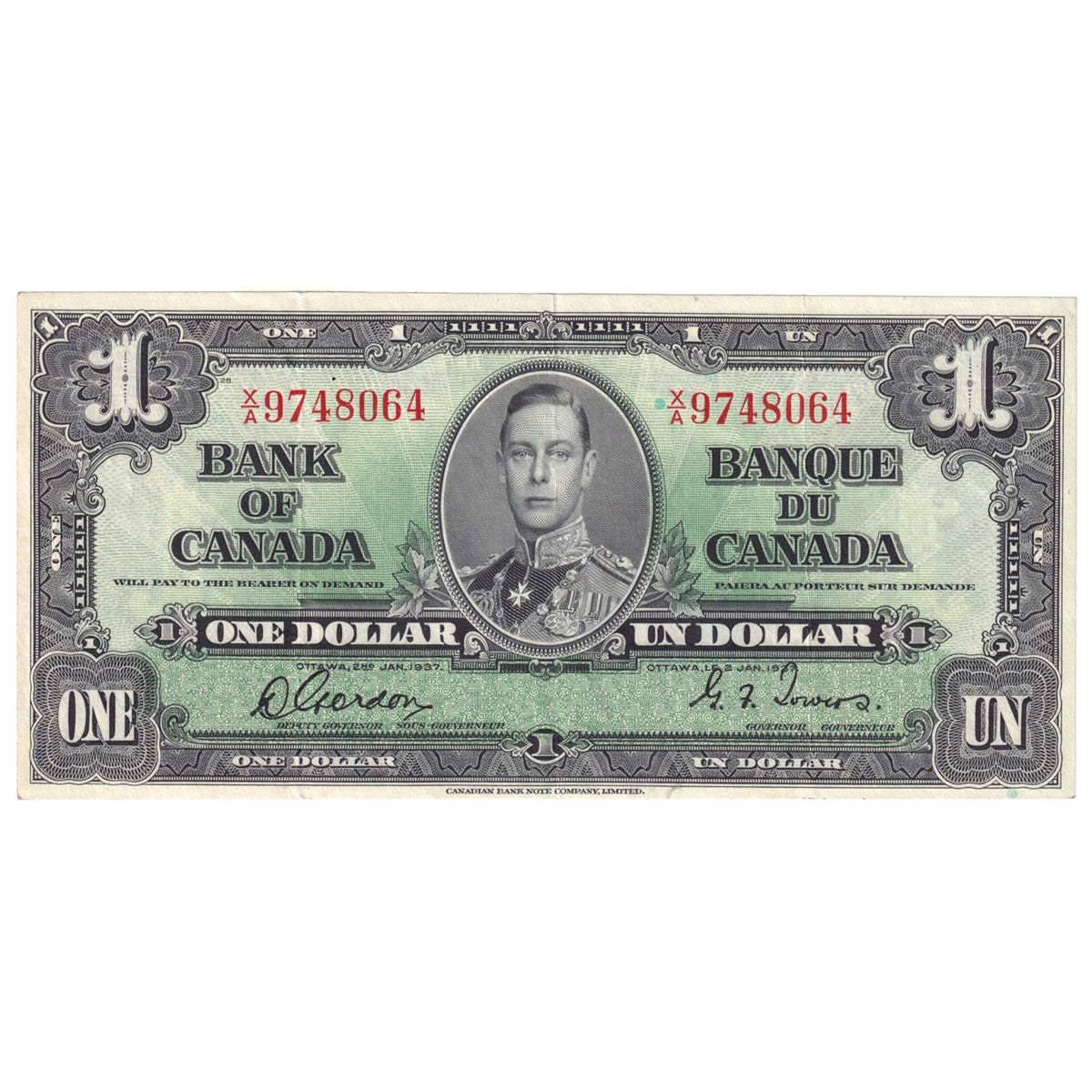BC-21c 1937 Canada $1 Gordon-Towers, X/A, VF-EF (VF30)