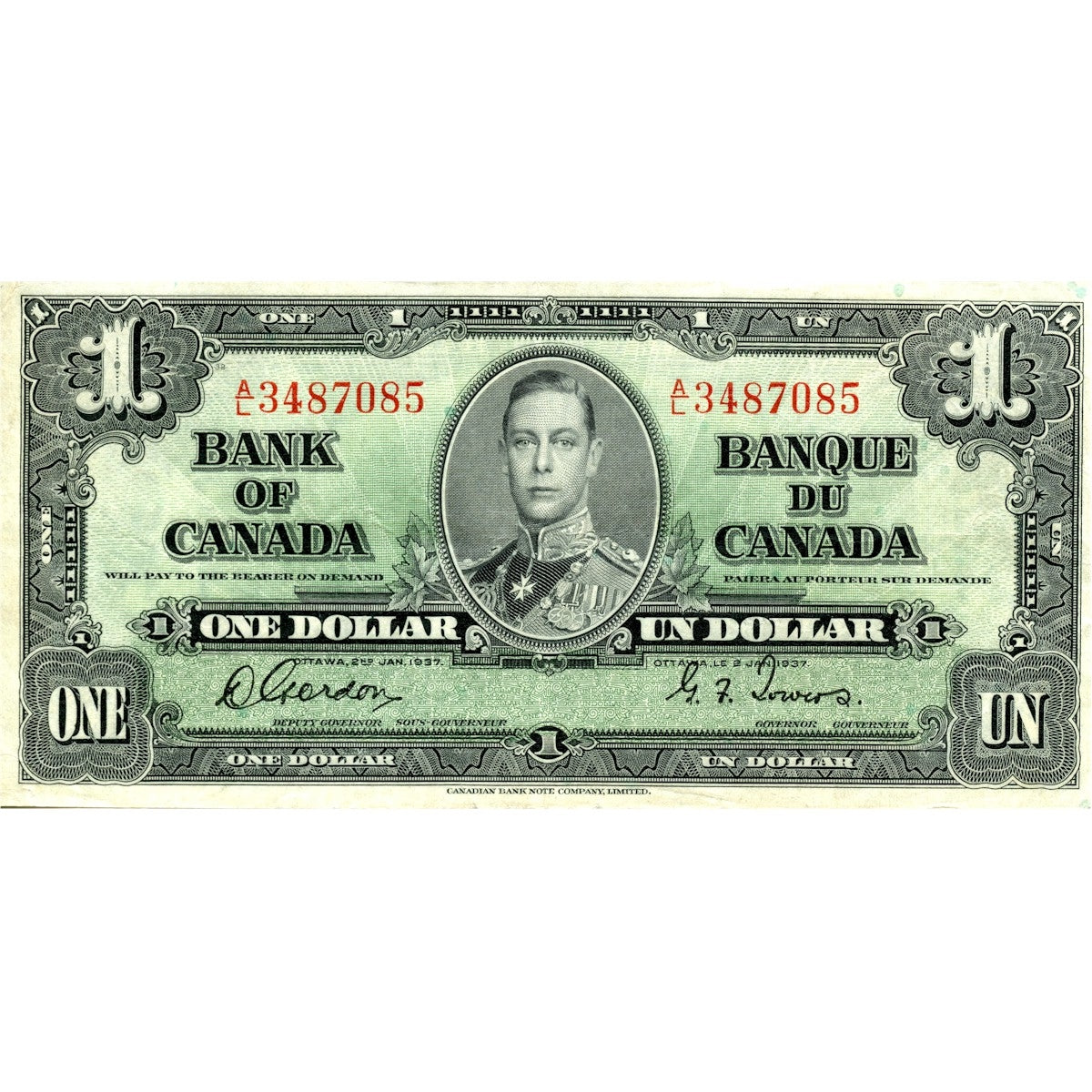 BC-21c 1937 Canada $1 Gordon-Towers, A/L, Very Fine (VF20)