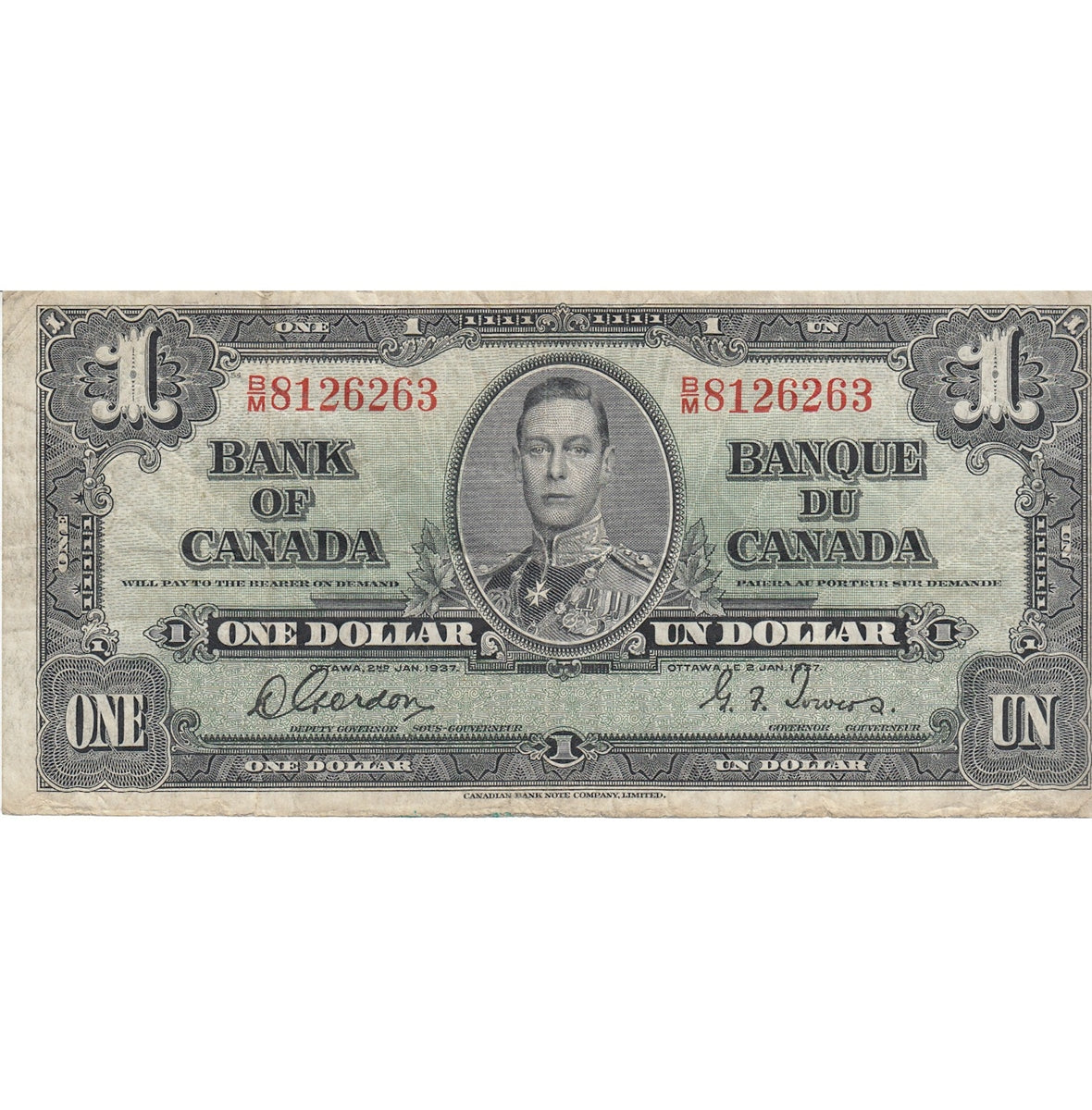 BC-21c 1937 Canada $1 Gordon-Towers, B/M, F-VF (F15)
