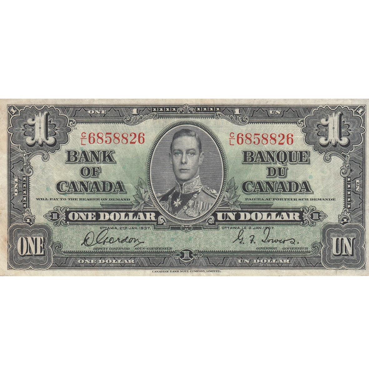 BC-21c 1937 Canada $1 Gordon-Towers, C/L, Very Fine (VF20)