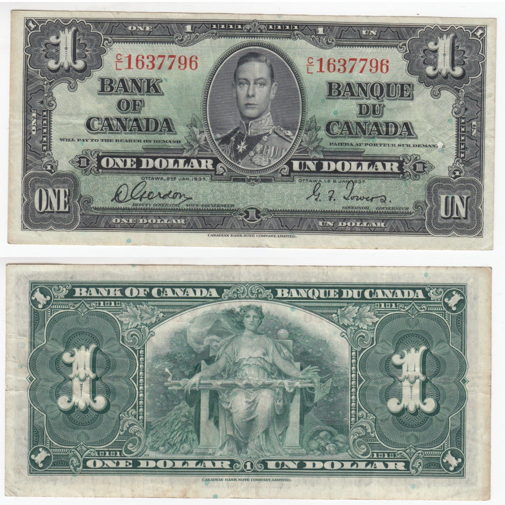 BC-21c 1937 Canada $1 Gordon-Towers, C/L, VF-EF (VF30)