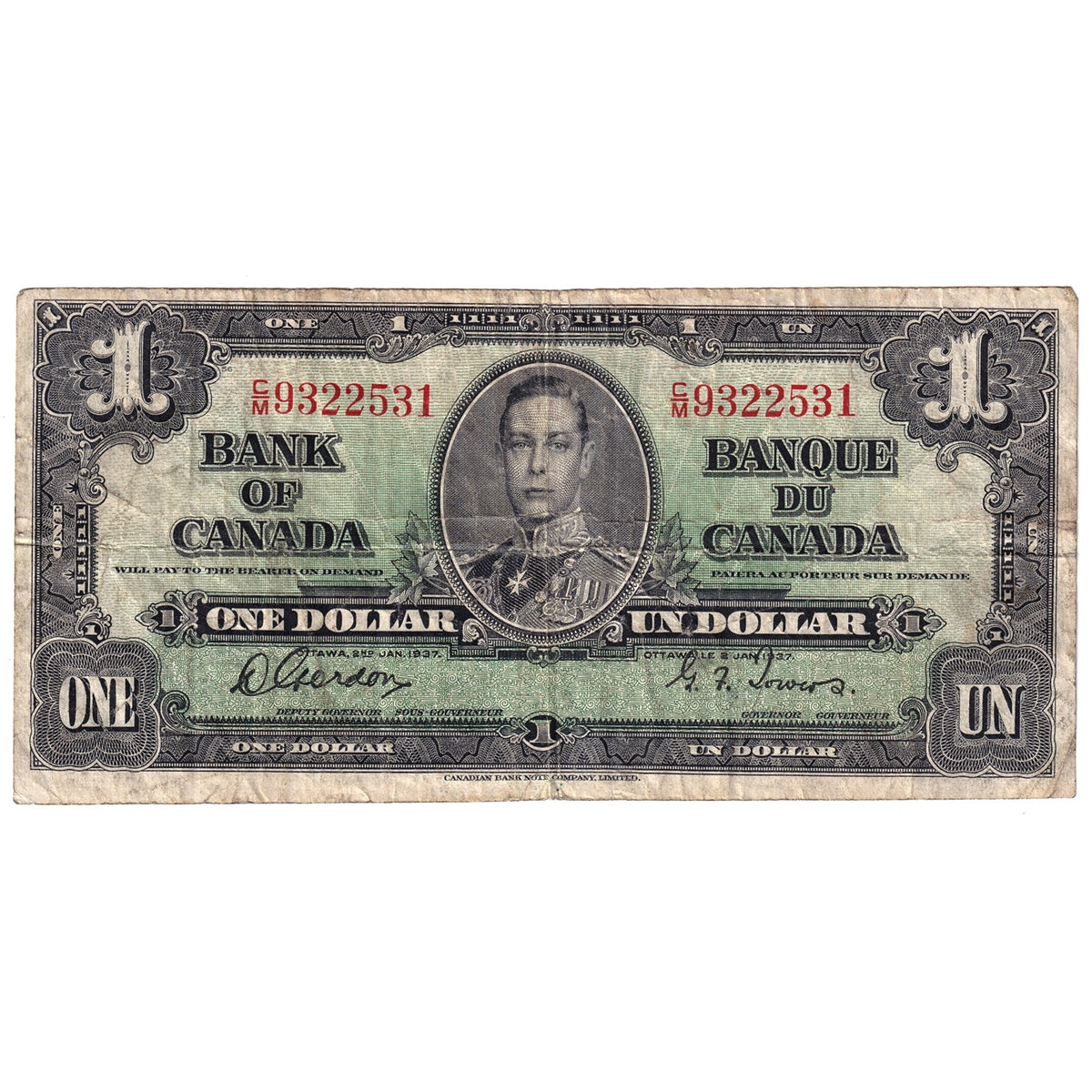 BC-21c 1937 Canada $1 Gordon-Towers, C/M, Fine (F12)