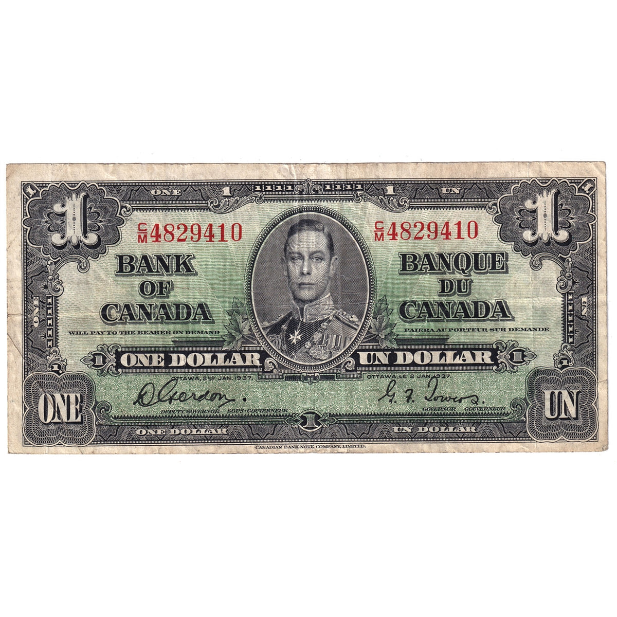 BC-21c 1937 Canada $1 Gordon-Towers, C/M, VF