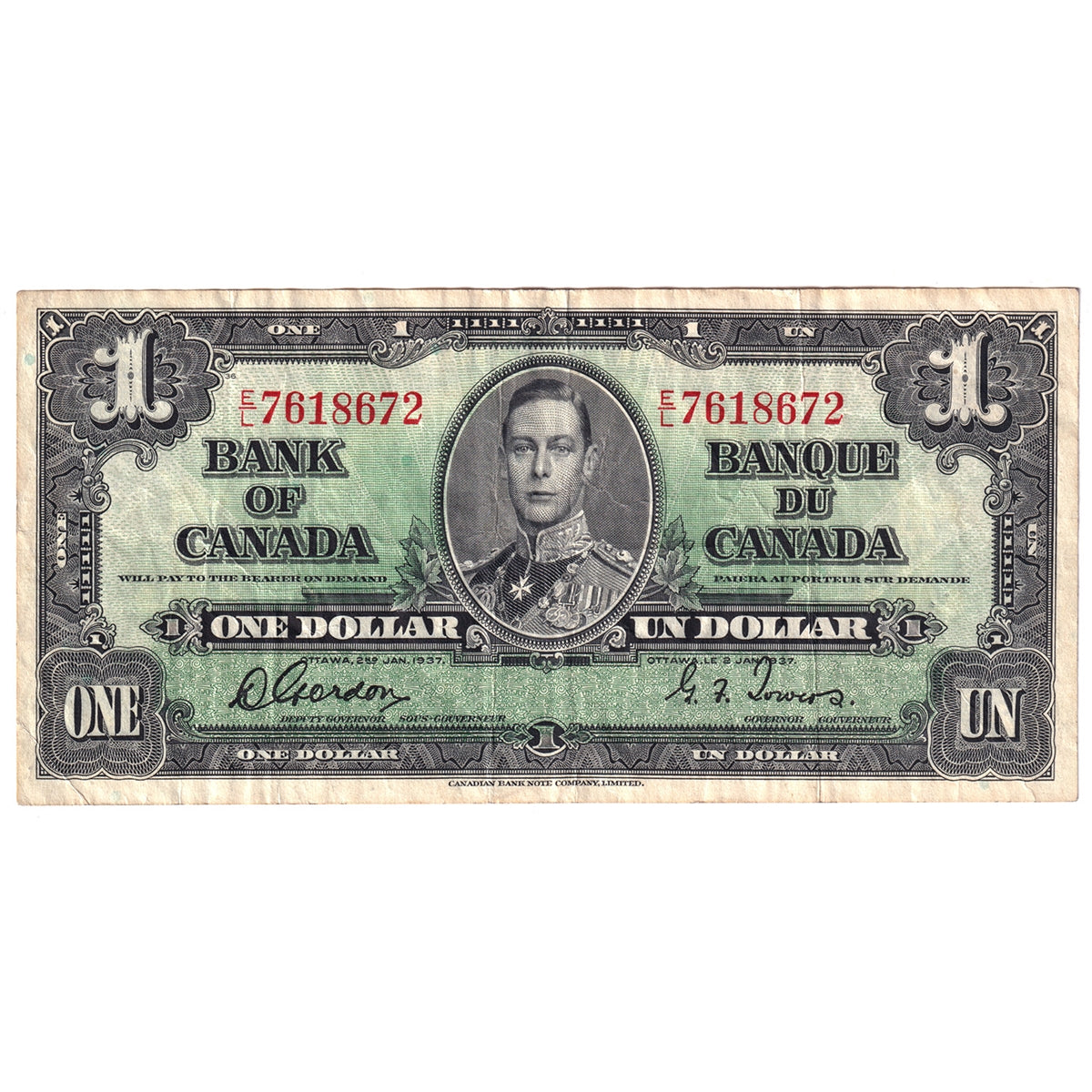 BC-21c 1937 Canada $1 Gordon-Towers, E/L, Very Fine (VF20)