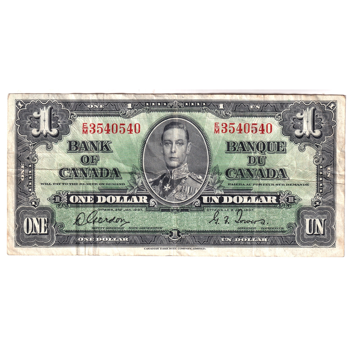 BC-21c 1937 Canada $1 Gordon-Towers, E/M, Very Fine (VF20)