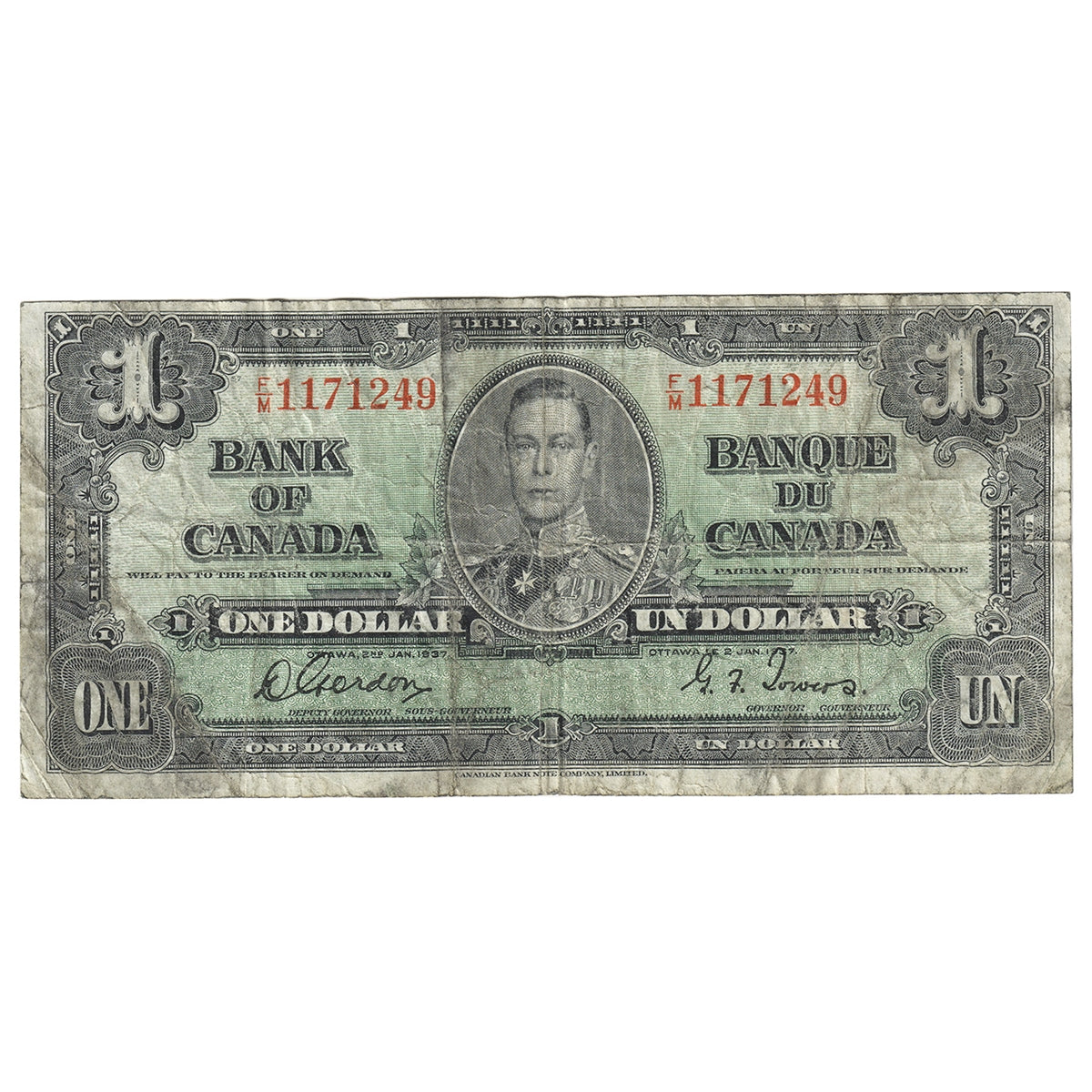 BC-21c 1937 Canada $1 Gordon-Towers, F/M, F