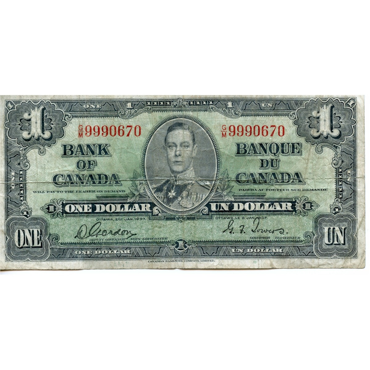 BC-21c 1937 Canada $1 Gordon-Towers, G/M, Fine (F12)