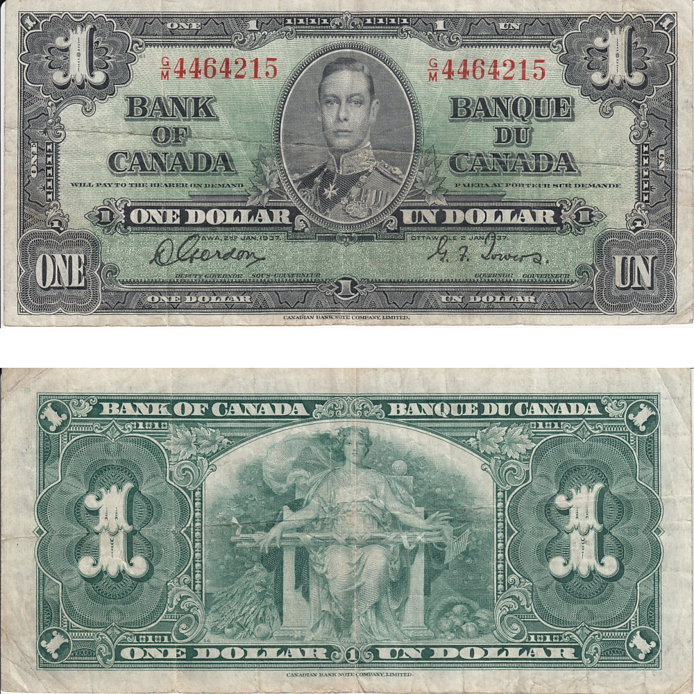 BC-21c 1937 Canada $1 Gordon-Towers, G/M, F-VF (F15)