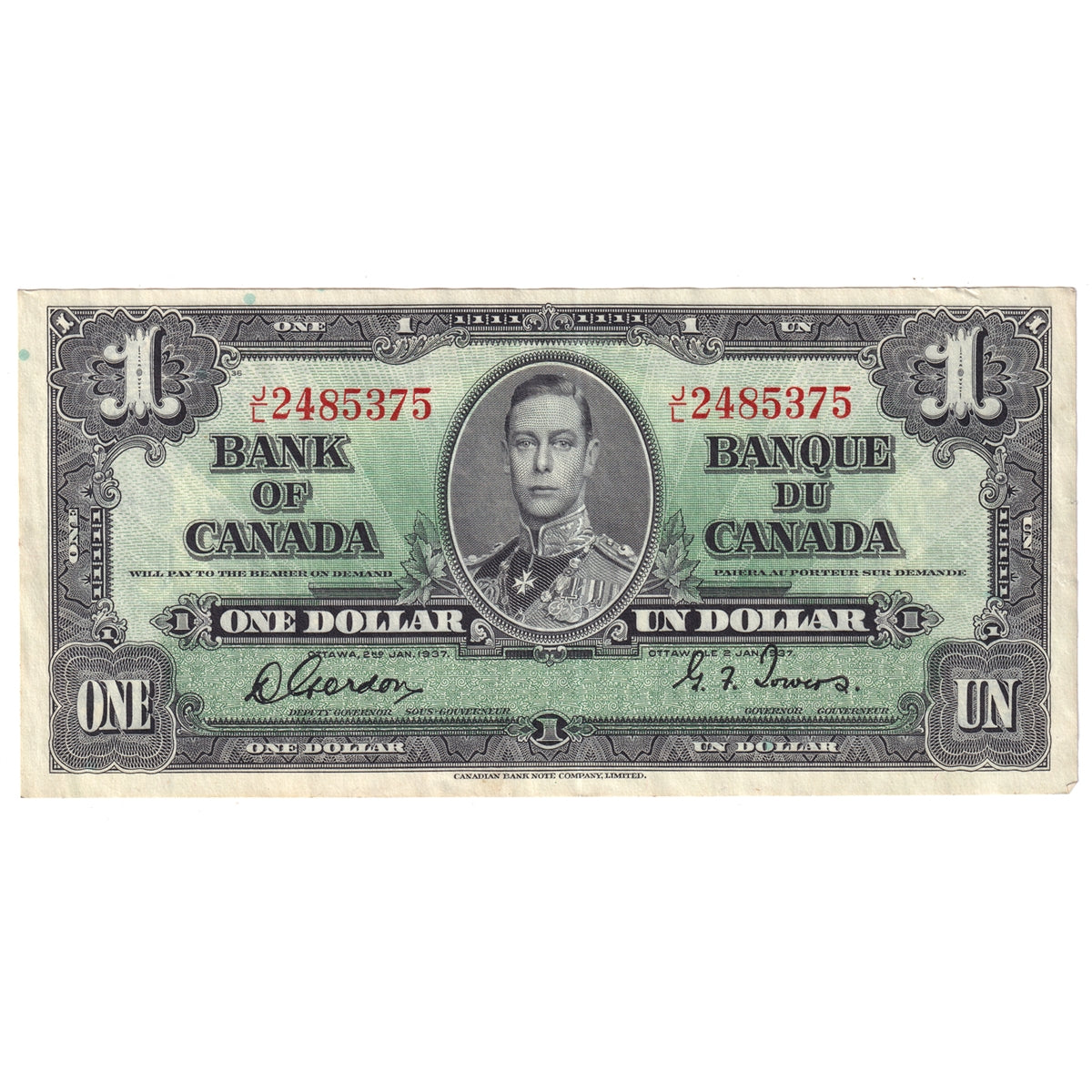 BC-21c 1937 Canada $1 Gordon-Towers, J/L, VF-EF (VF30)