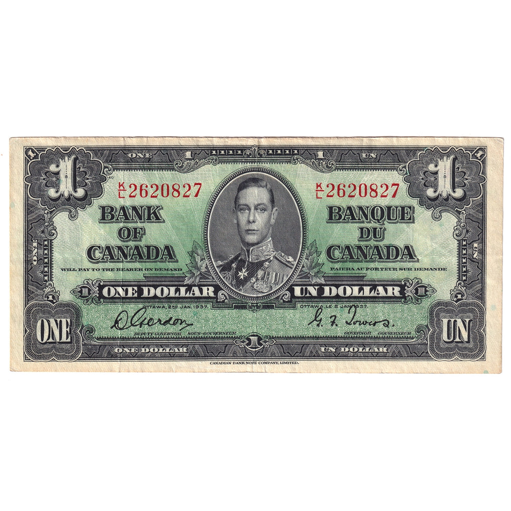 BC-21c 1937 Canada $1 Gordon-Towers, K/L, VF-EF (VF30)