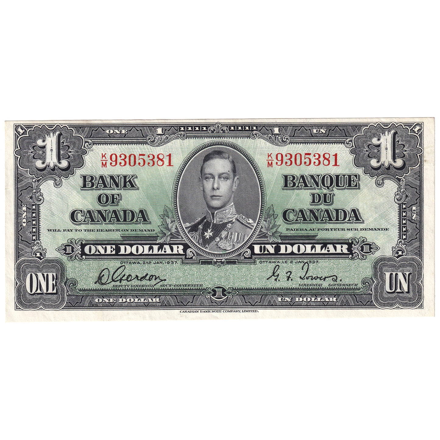 BC-21c 1937 Canada $1 Gordon-Towers, K/M, VF-EF (VF30)