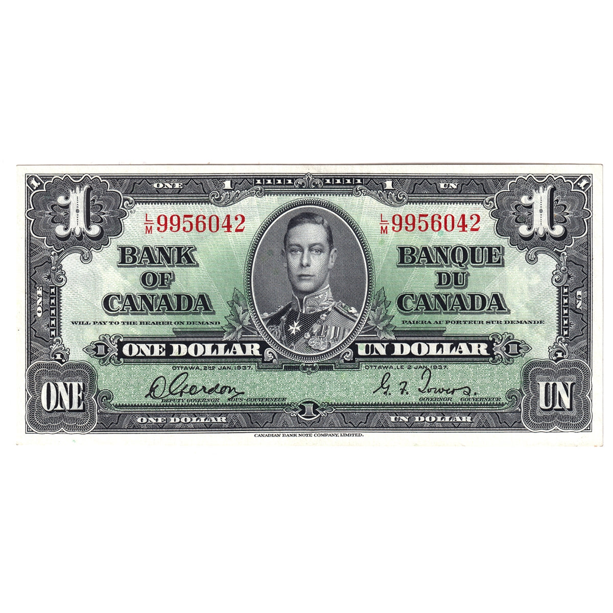 BC-21c 1937 Canada $1 Gordon-Towers, L/M, Almost Uncirculated (AU50)