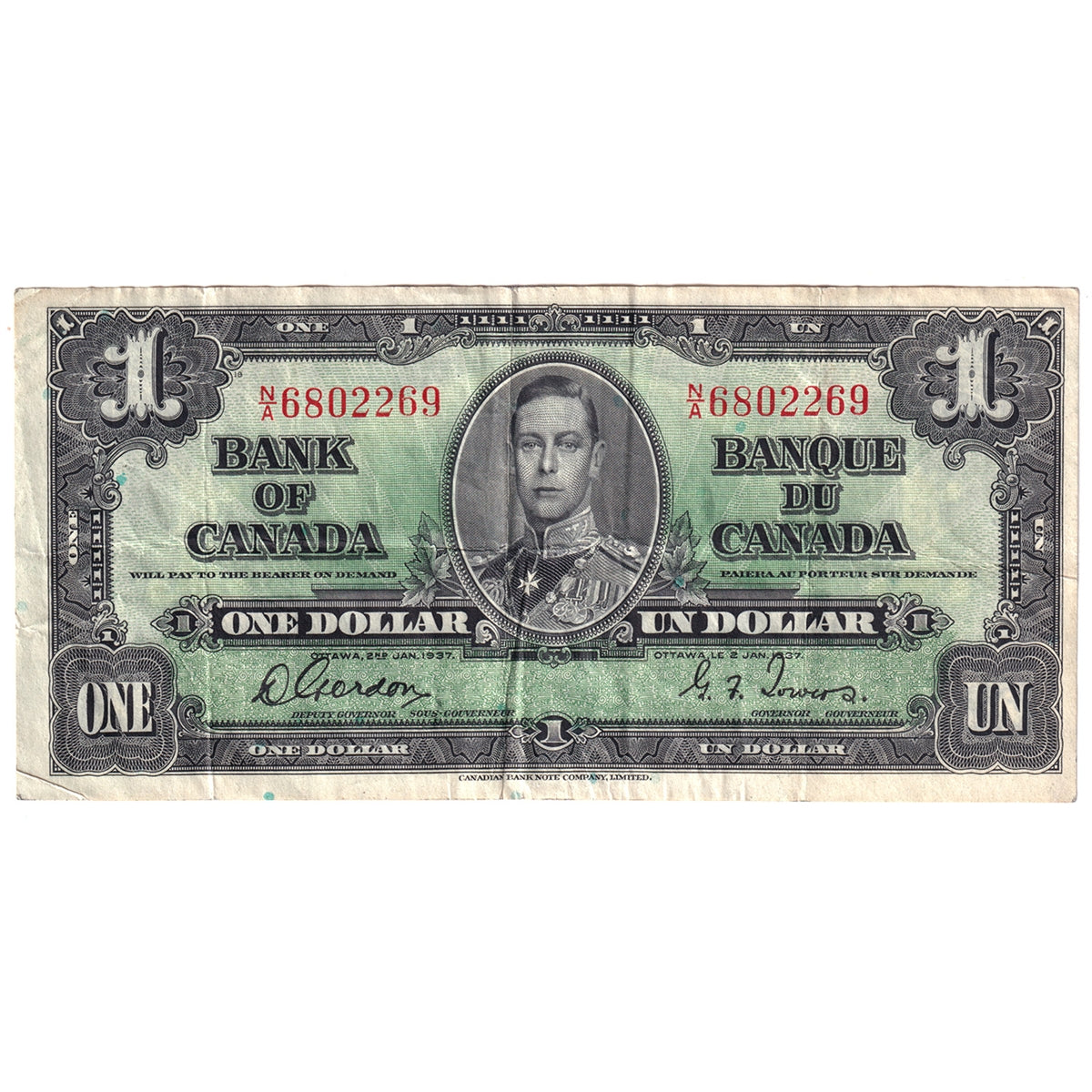 BC-21a 1937 Canada $1 Osborne-Towers, N/A, VF-EF (VF30)