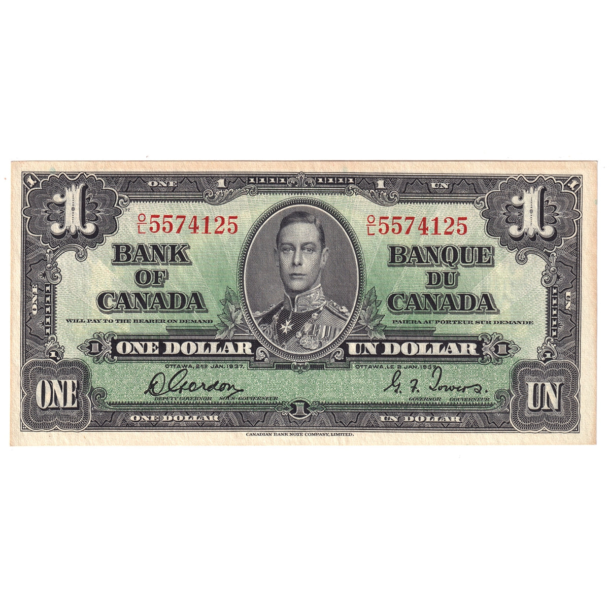 BC-21c 1937 Canada $1 Gordon-Towers, O/L, Almost Uncirculated (AU50)