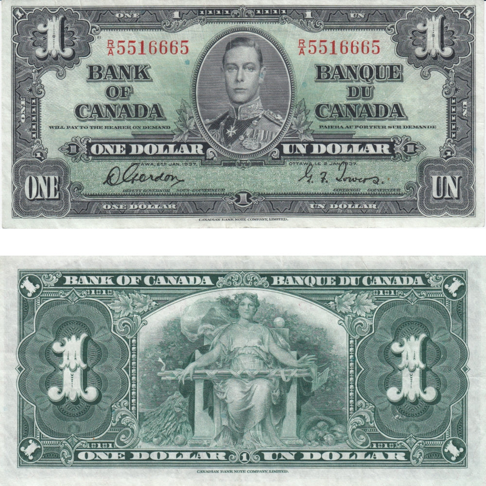 BC-21c 1937 Canada $1 Gordon-Towers, R/A, Very Fine (VF20)