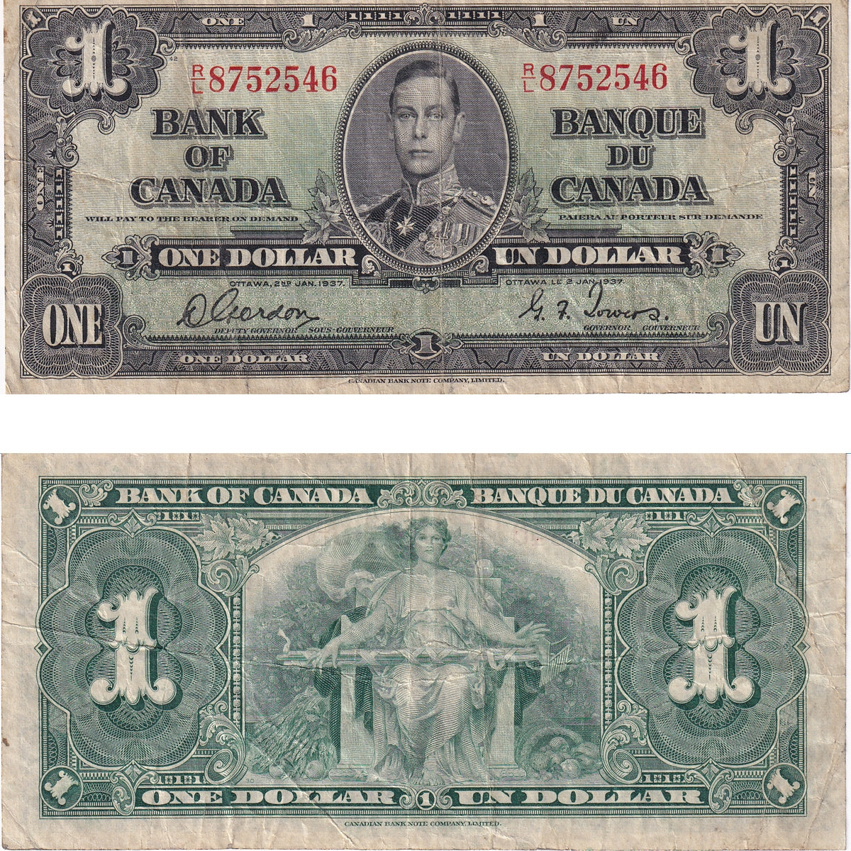 BC-21c 1937 Canada $1 Gordon-Towers, R/L, F-VF