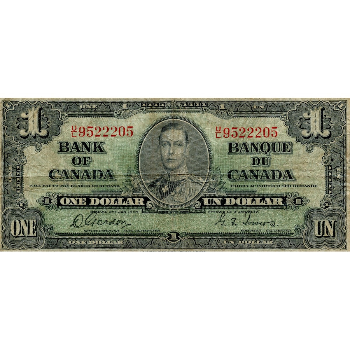 BC-21c 1937 Canada $1 Gordon-Towers, U/L, VG-F (VG10)