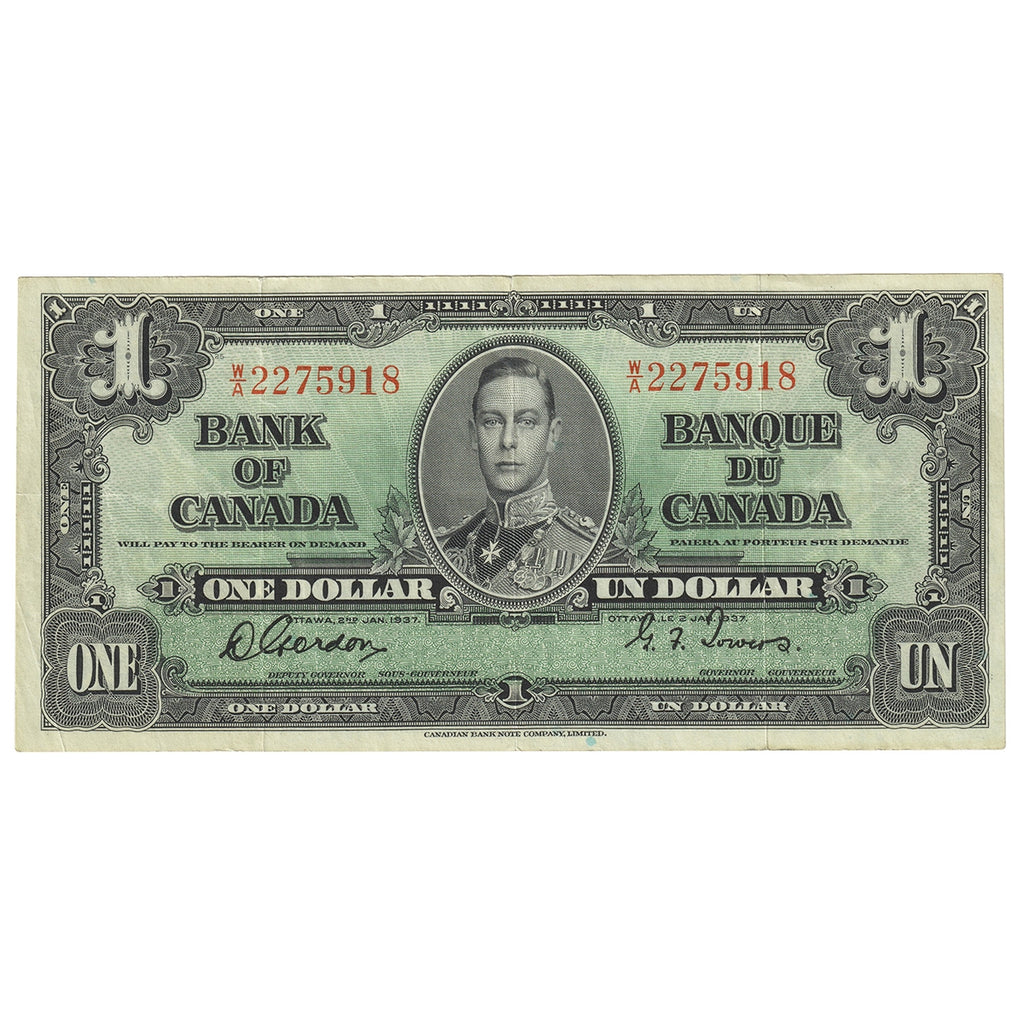 BC-21c 1937 Canada $1 Gordon-Towers, W/A, VF-EF (VF30)