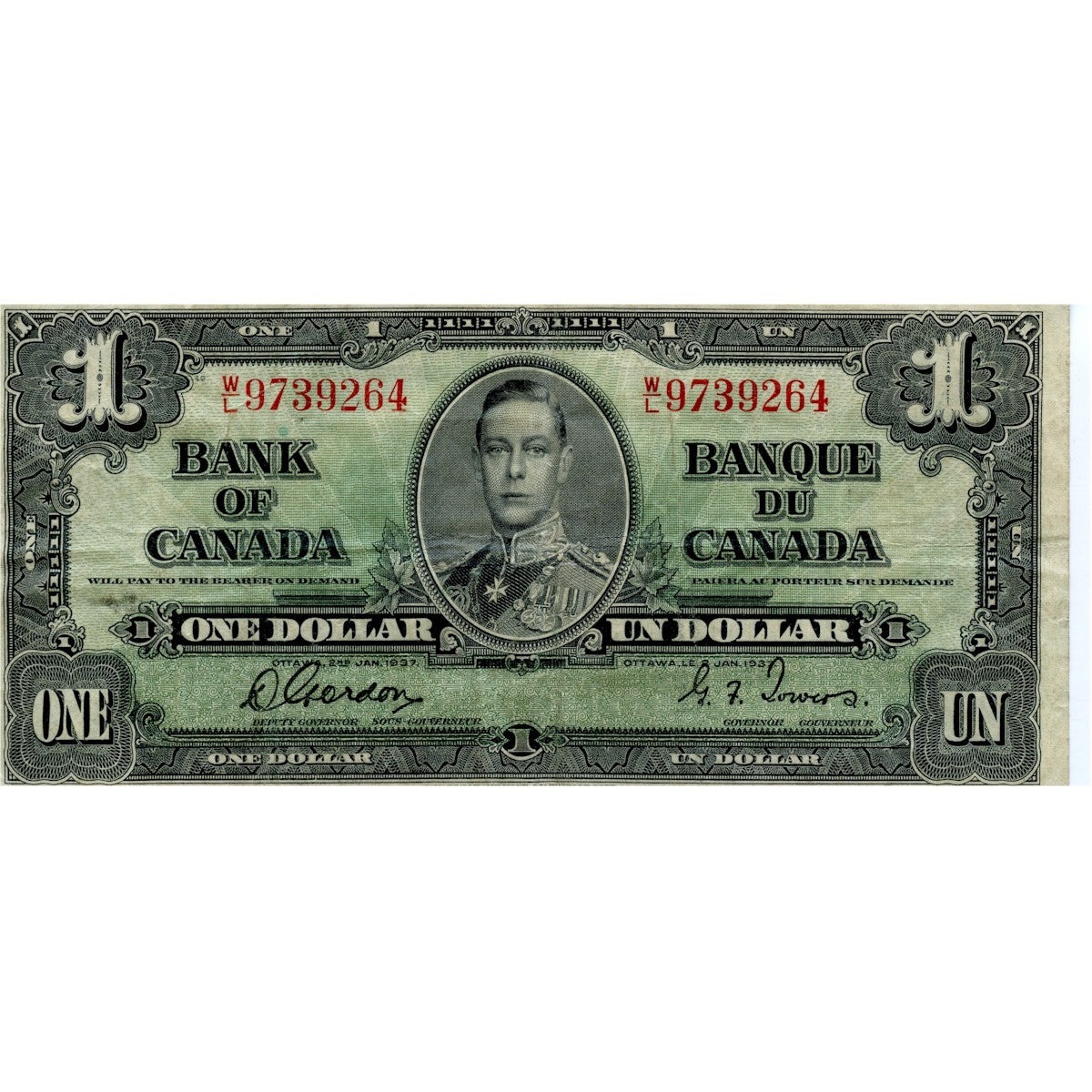 BC-21c 1937 Canada $1 Gordon-Towers, W/L, F-VF (F15)