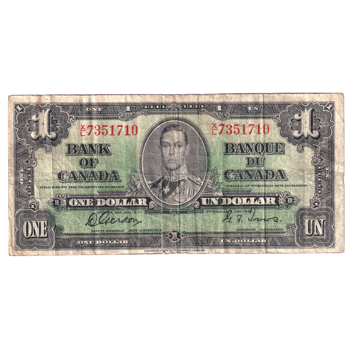 BC-21c 1937 Canada $1 Gordon-Towers, X/L, VG-F (VG10)