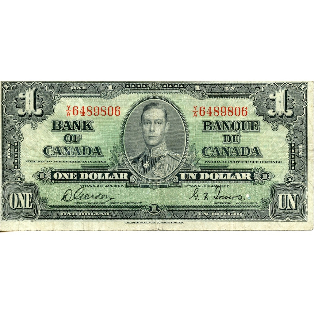 BC-21c 1937 Canada $1 Gordon-Towers, Y/A, Fine (F12)