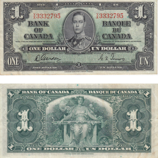 BC-21c 1937 Canada $1 Gordon-Towers, Y/A, VF