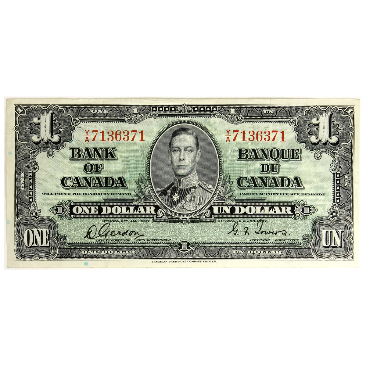 BC-21c 1937 Canada $1 Gordon-Towers, Y/A, VF-EF (VF30)