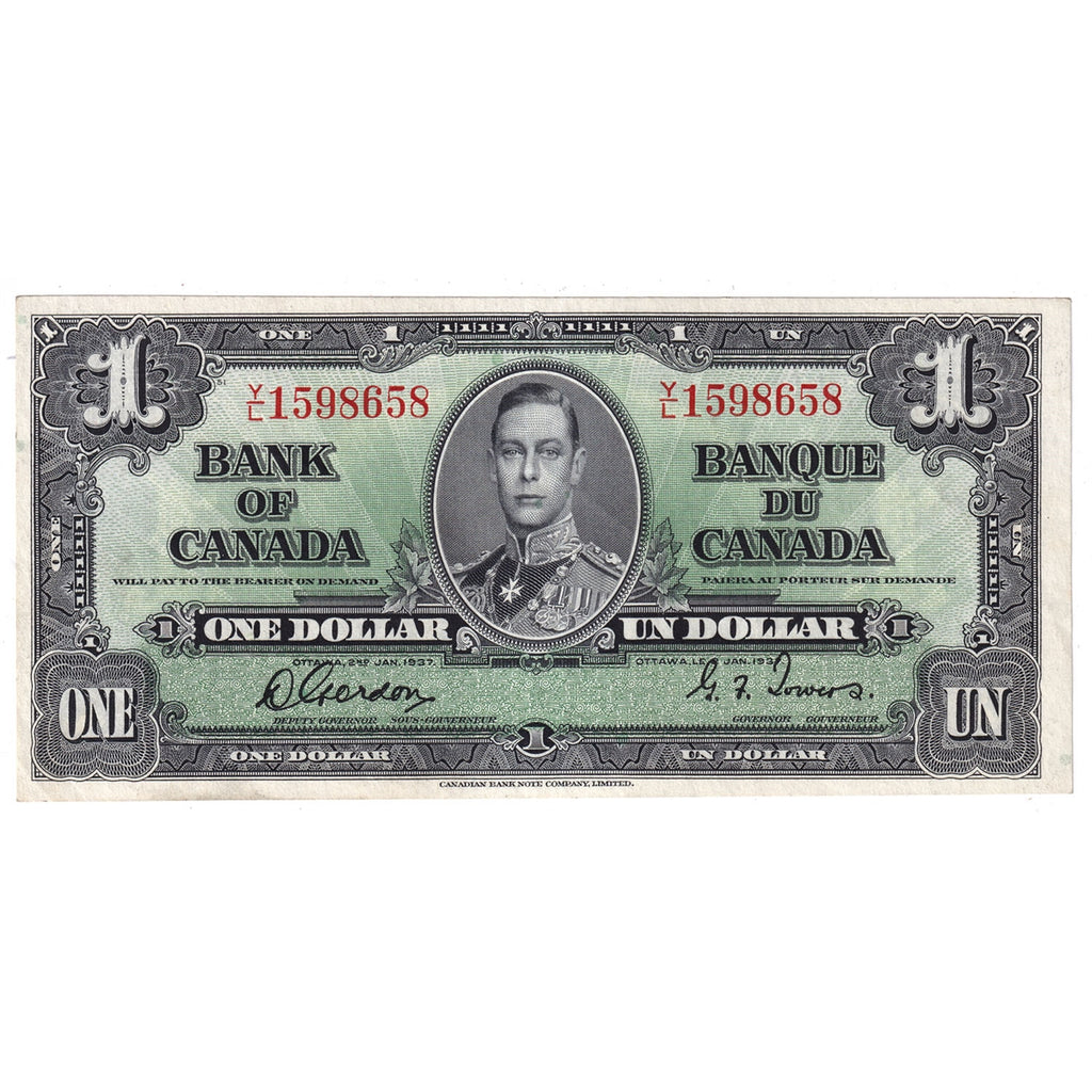 BC-21c 1937 Canada $1 Gordon-Towers, Y/L, Almost Uncirculated (AU50)