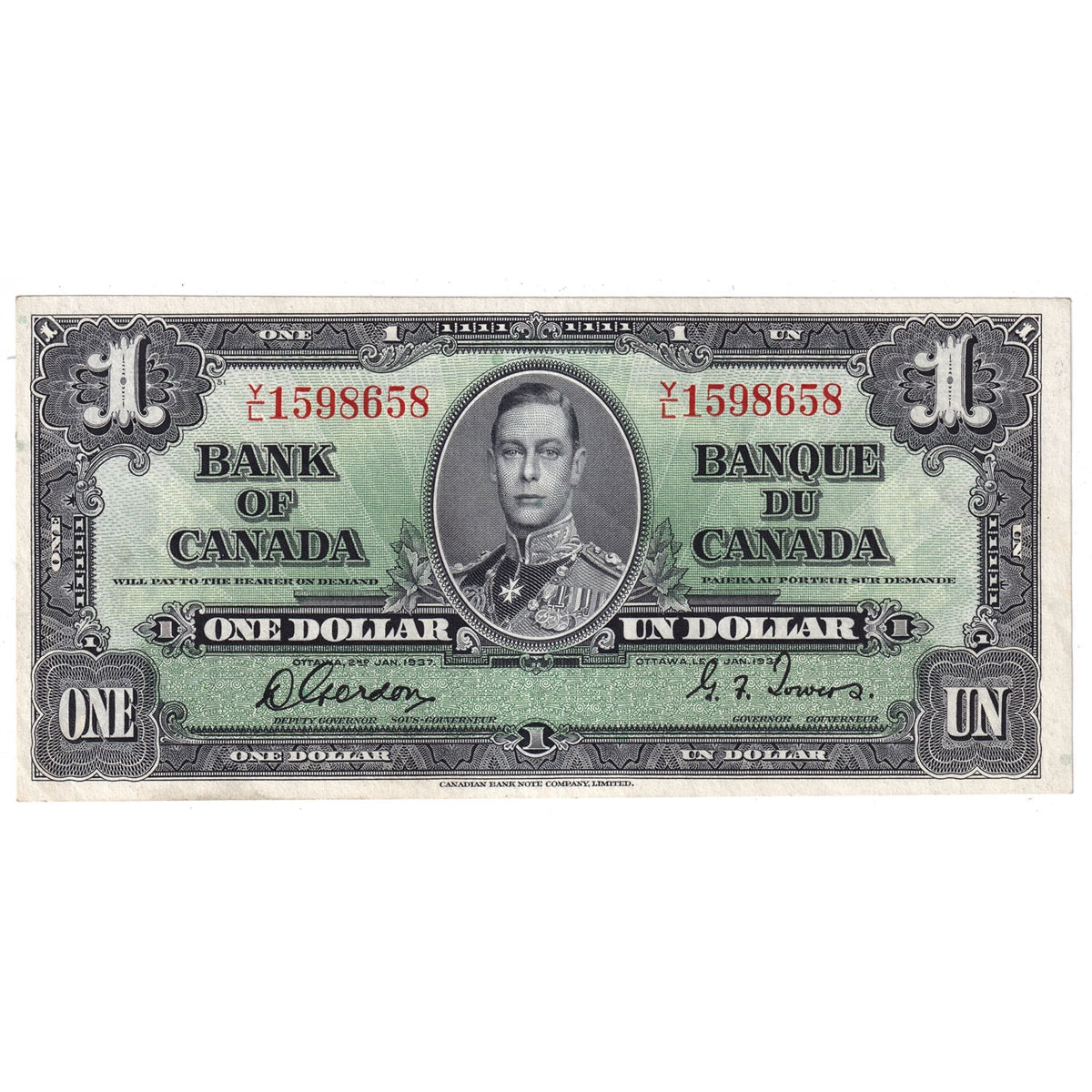 BC-21c 1937 Canada $1 Gordon-Towers, Y/L, Almost Uncirculated (AU50)