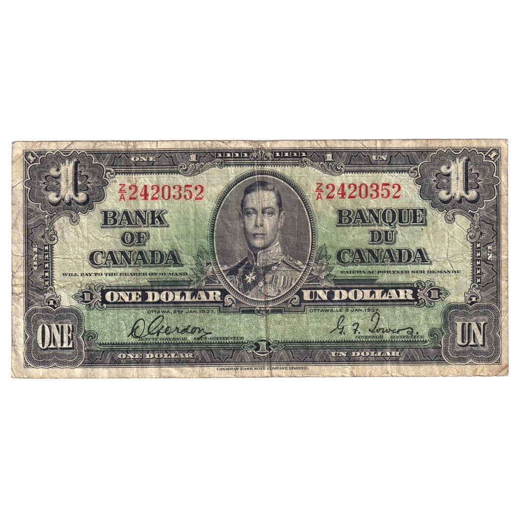 BC-21c 1937 Canada $1 Gordon-Towers, Z/A, VG-F (VG10)
