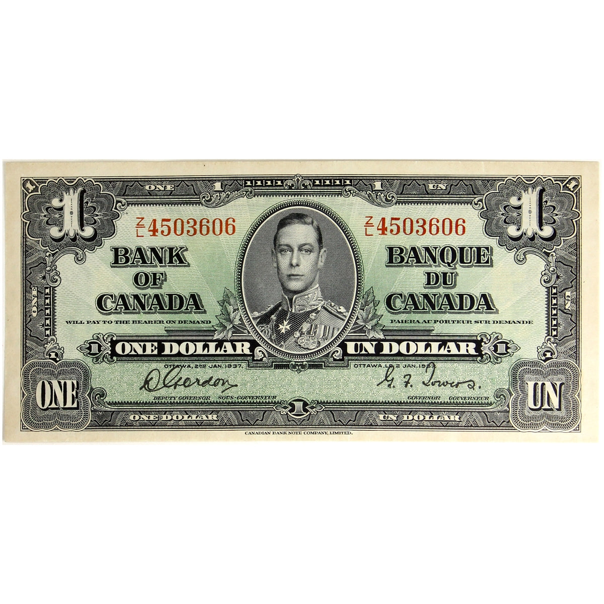 BC-21c 1937 Canada $1 Gordon-Towers, Z/L, Extra Fine (EF40)