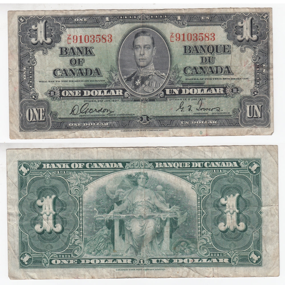BC-21c 1937 Canada $1 Gordon-Towers, Z/L, F-VF (F15)