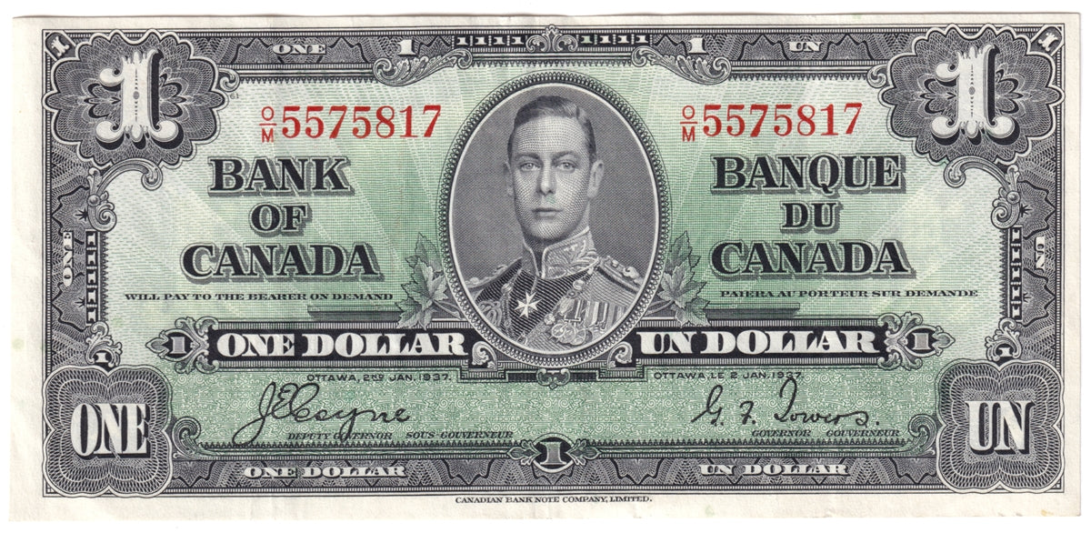 BC-21d 1937 Canada $1 Coyne-Towers, O/M, VF-EF (VF30)