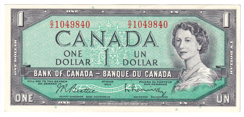 BC-37b-i 1954 Canada $1 Beattie-Rasminsky, O/Z, Almost Uncirculated (AU50)