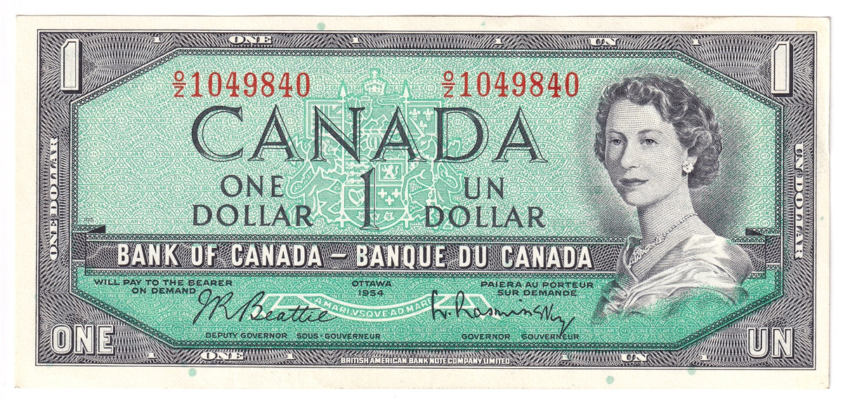 BC-37b-i 1954 Canada $1 Beattie-Rasminsky, O/Z, Almost Uncirculated (AU50)