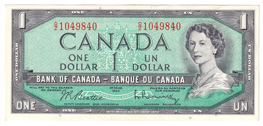 BC-37b-i 1954 Canada $1 Beattie-Rasminsky, O/Z, Almost Uncirculated (AU50)