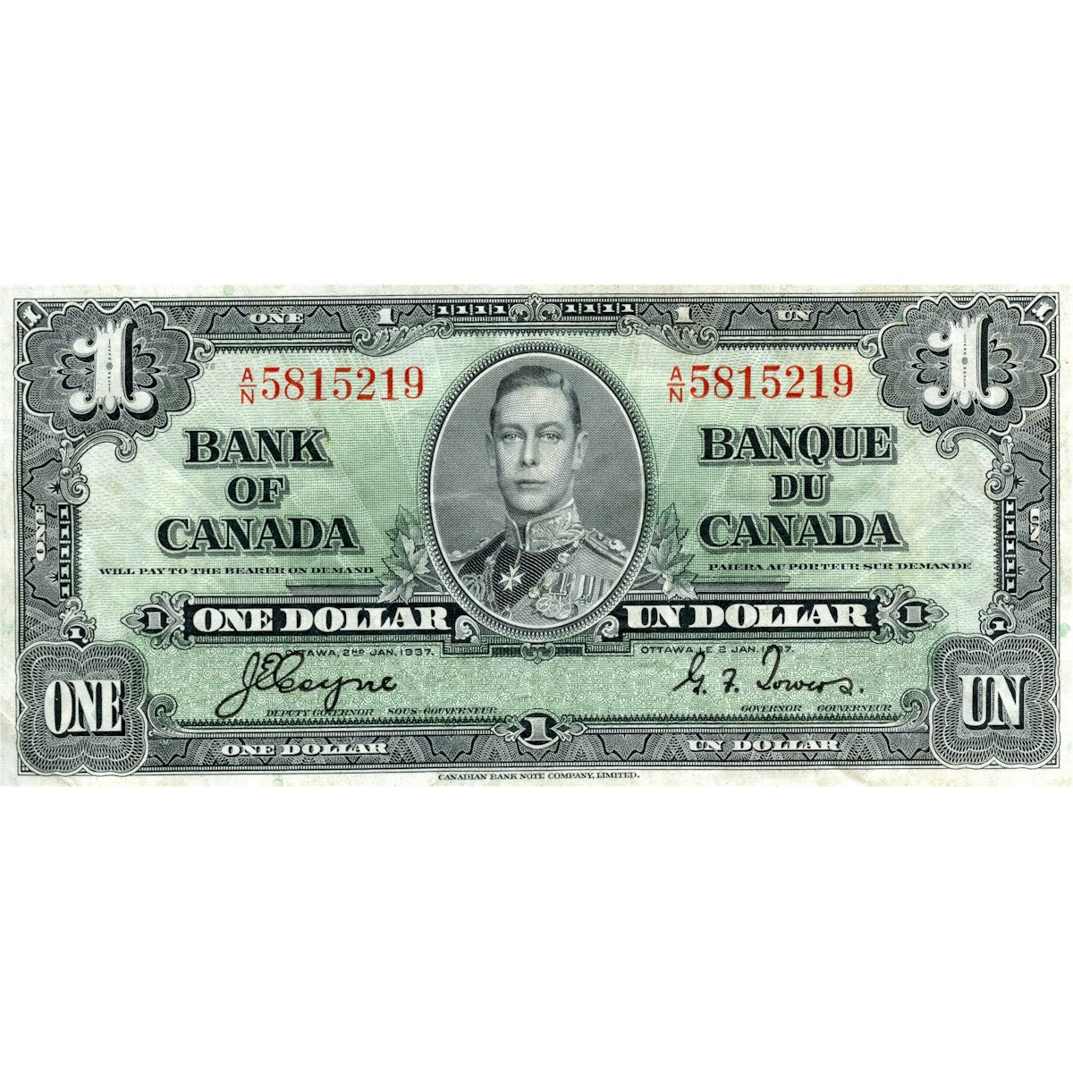 BC-21d 1937 Canada $1 Coyne-Towers, A/N, Very Fine (VF20)