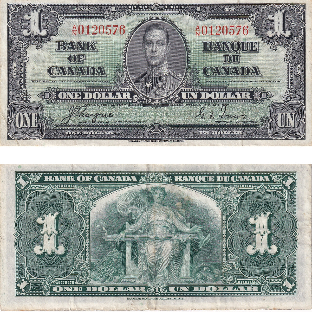 BC-21d 1937 Canada $1 Coyne-Towers, A/N, VF-EF