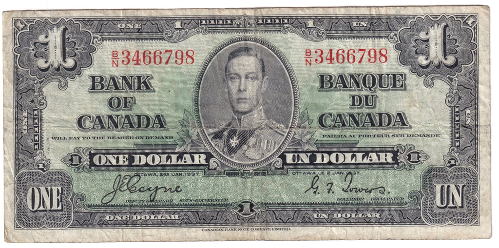 BC-21d 1937 Canada $1 Coyne-Towers, B/N, Fine (F12)